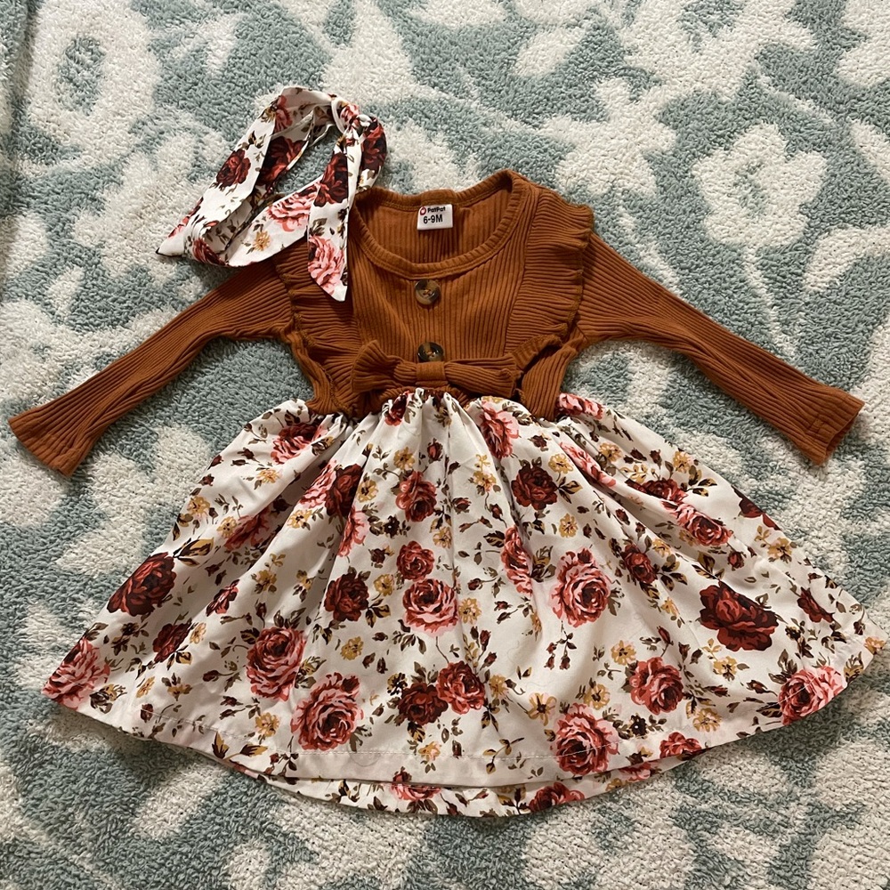 Baby PatPat Girl Dress Headband Floral Casual Brown 6-9M